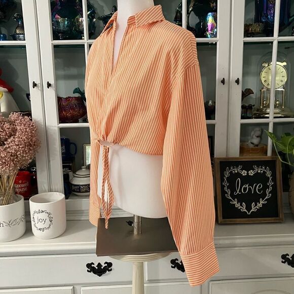 Cropped Blouse Orange & White Sz Small - Picture 7 of 9